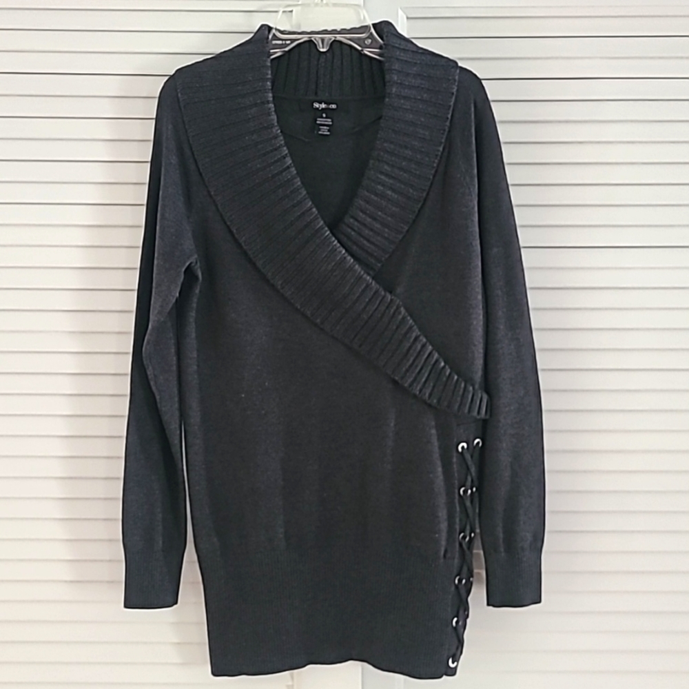 Style & Co Lg Sleeve V-Neck Tunic Sweater. Sz S. Gray